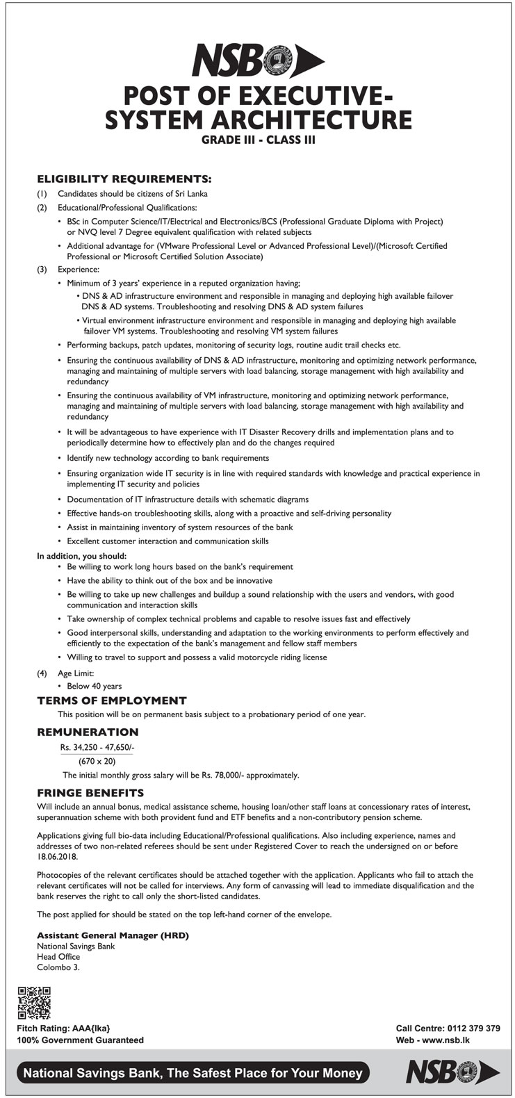 Executive (System Architecture), Junior IT Executive (System Architecture, Application Development/Deployment) - National Savings Bank (NSB)